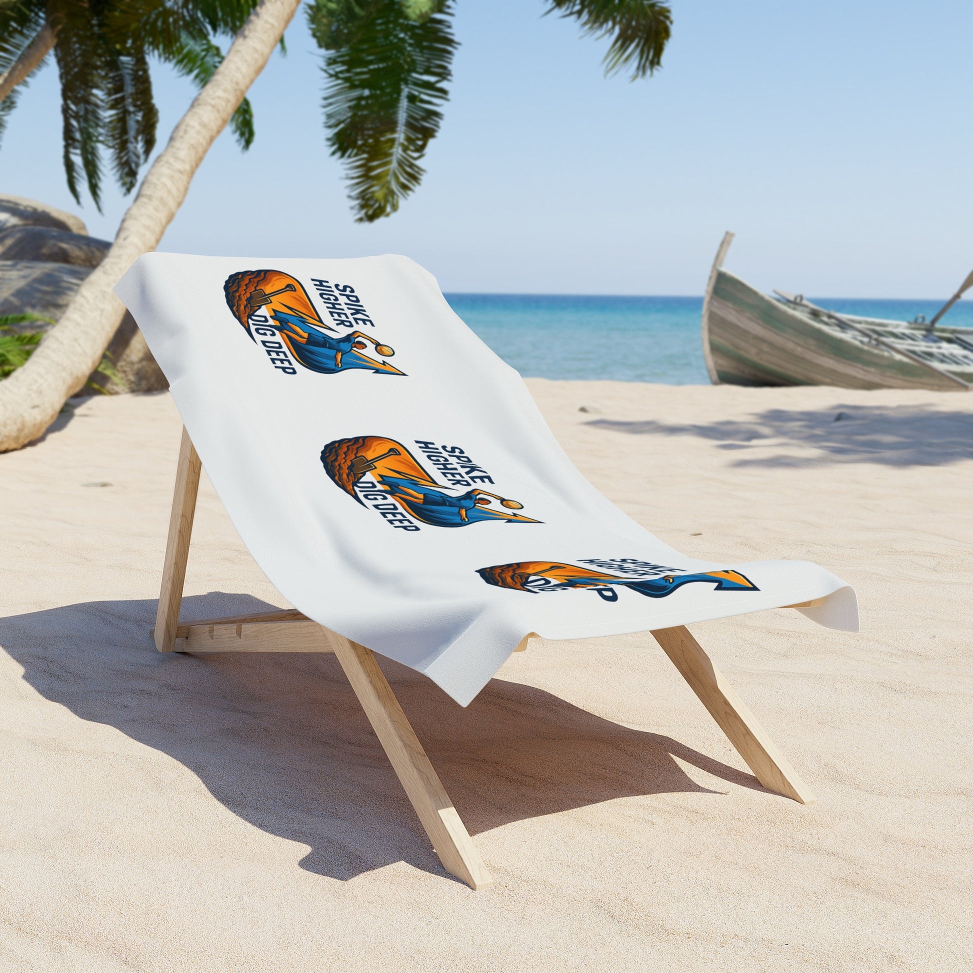 Motivational volleyball towel featuring Dig Deep Spike Higher slogan