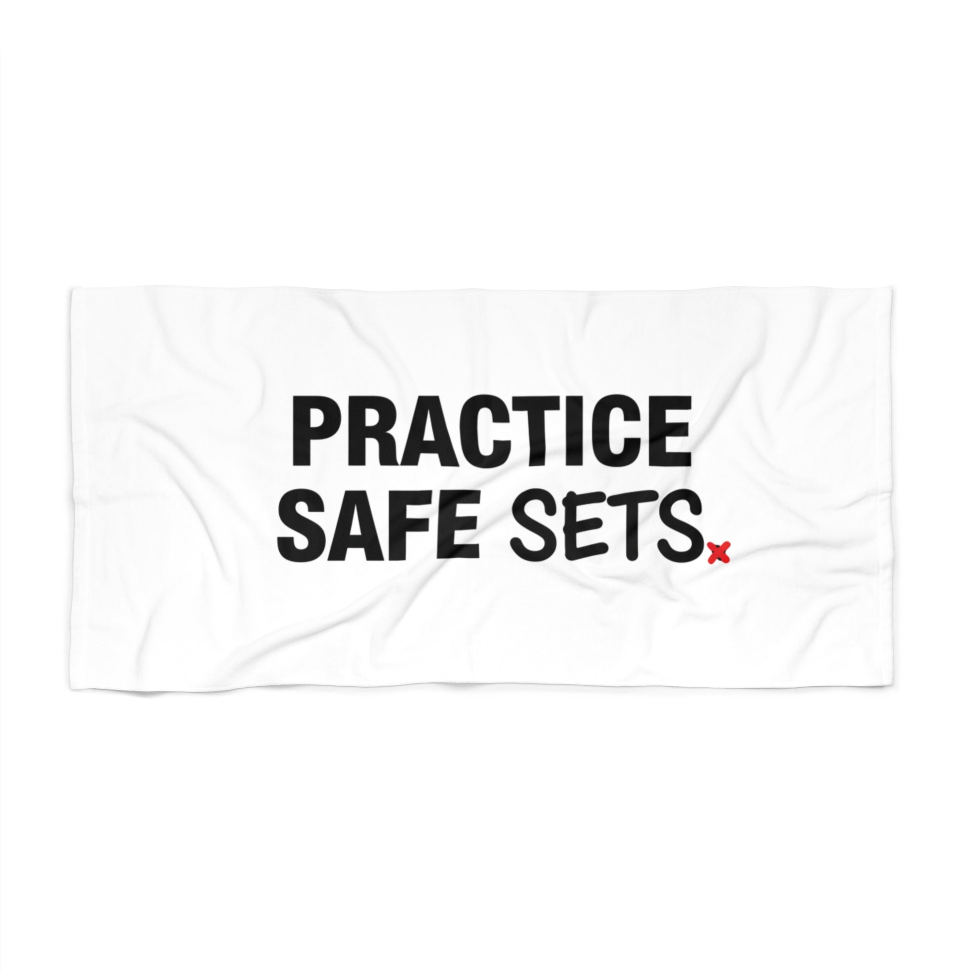 High-contrast volleyball humor graphic Practice Safe Sets towel