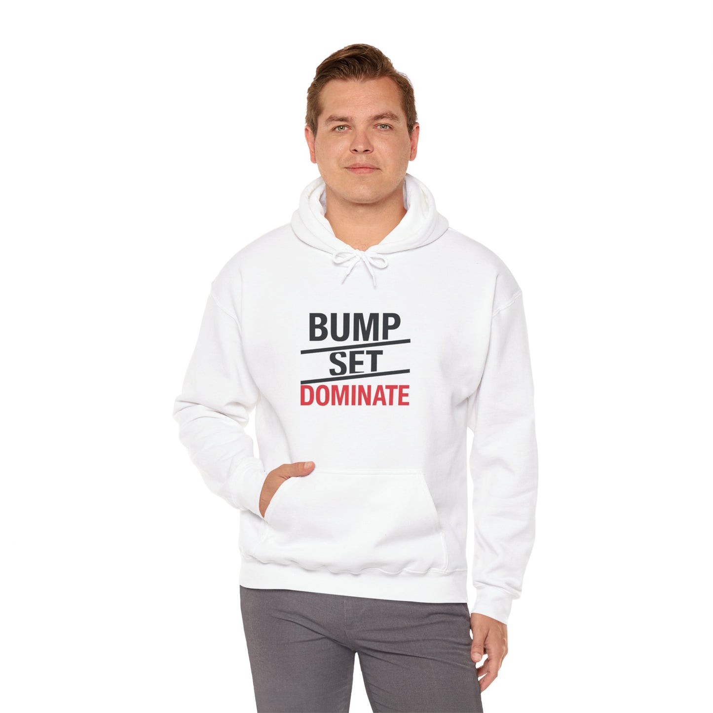 white fleece hoodie featuring bold volleyball slogan