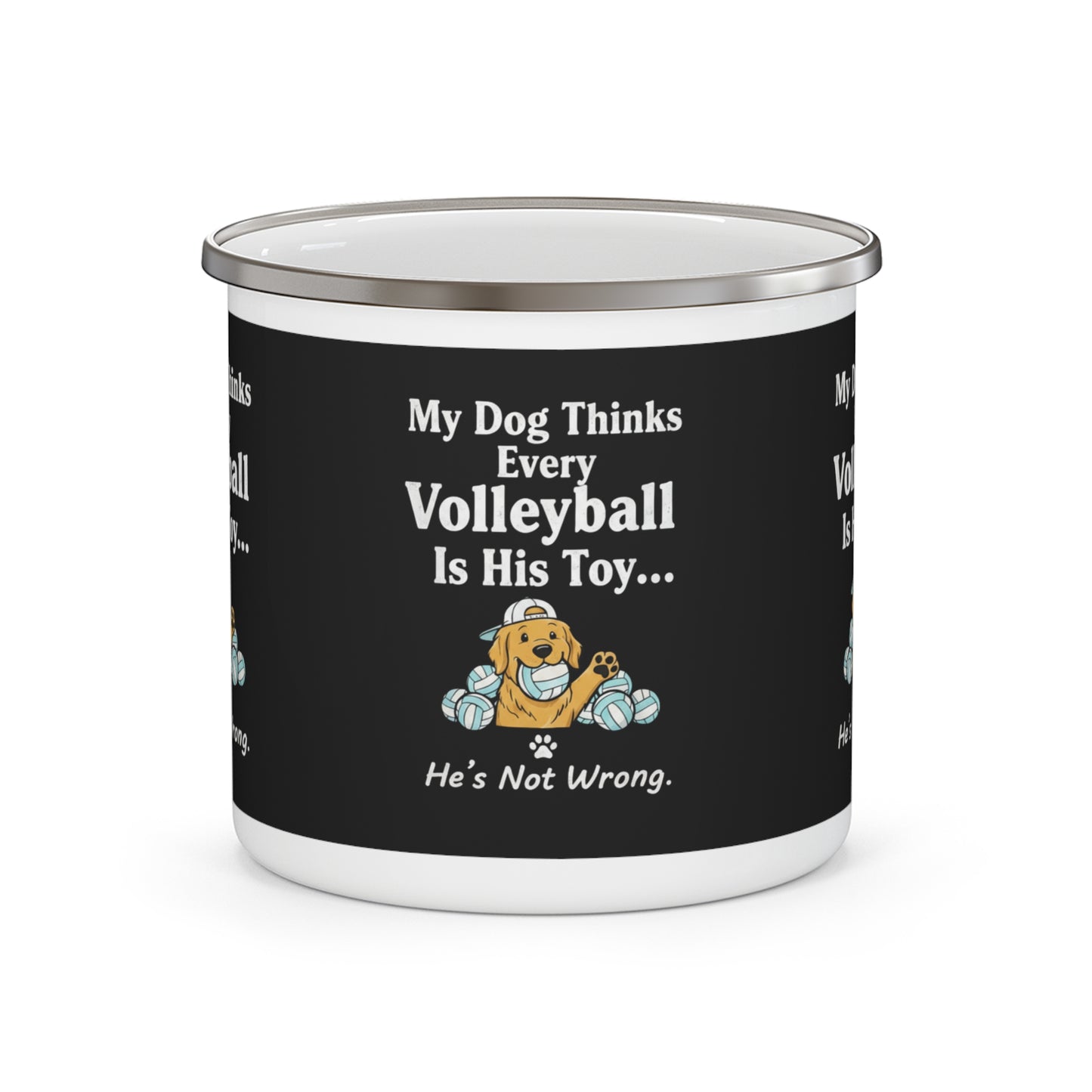 Yellow dog biting a volleyball graphic printed on enamel mug.