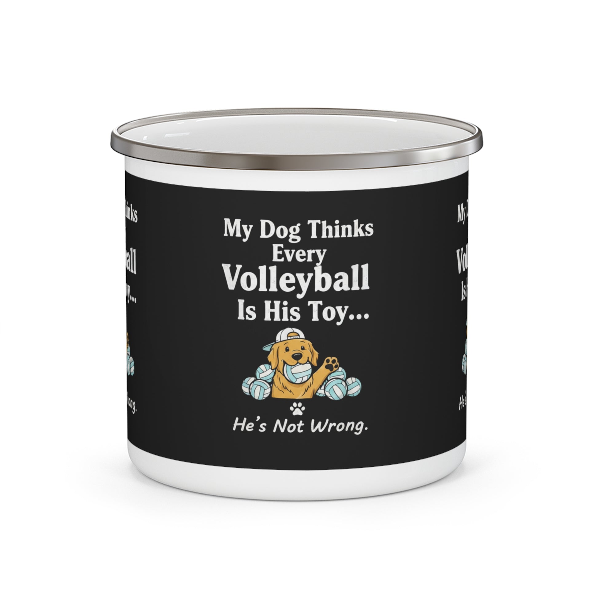 Yellow dog biting a volleyball graphic printed on enamel mug.