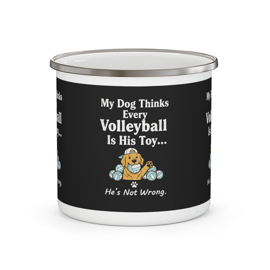 Yellow dog biting a volleyball graphic printed on enamel mug.