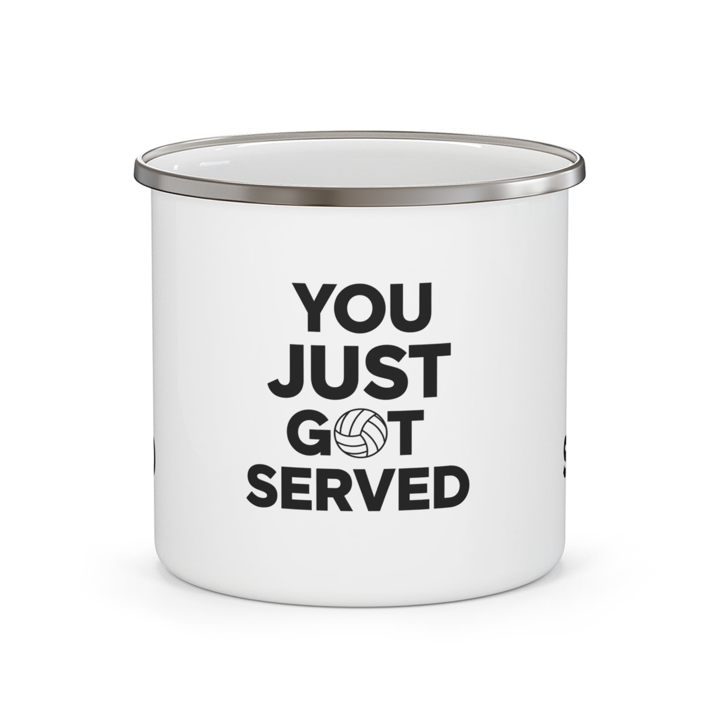 You Just Got Served volleyball enamel mug on a sandy beach table.