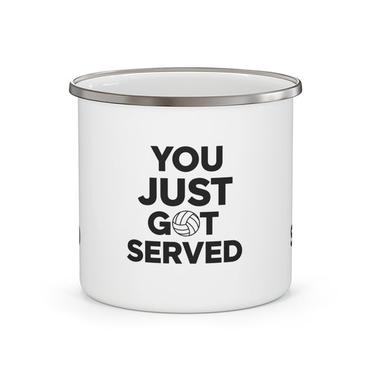 You Just Got Served volleyball enamel mug on a sandy beach table.