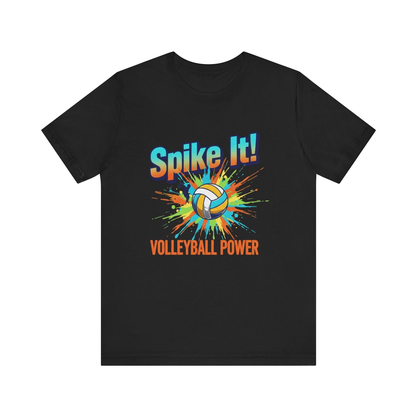 Spike It Volleyball Power T-Shirt with colorful splash background and bold volleyball graphic