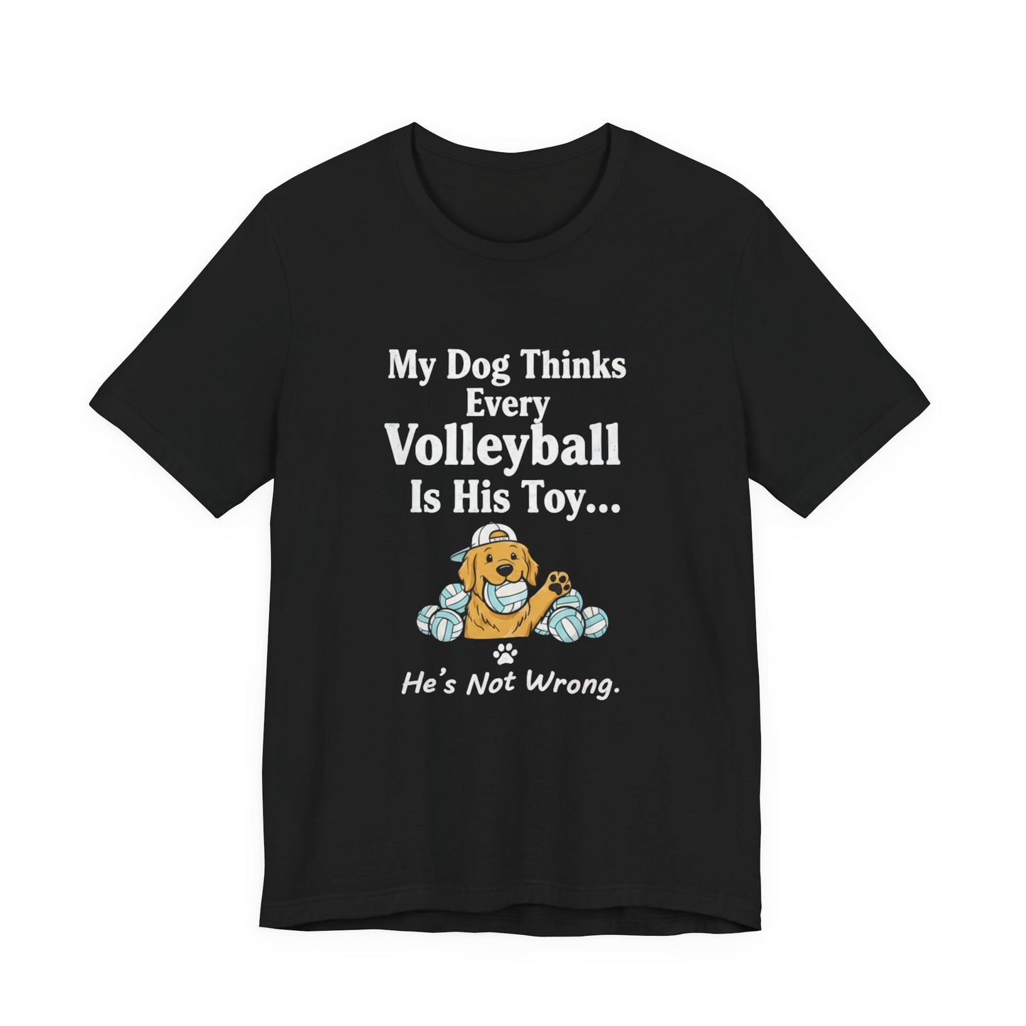 Yellow dog biting a volleyball graphic with slogan on shirt.