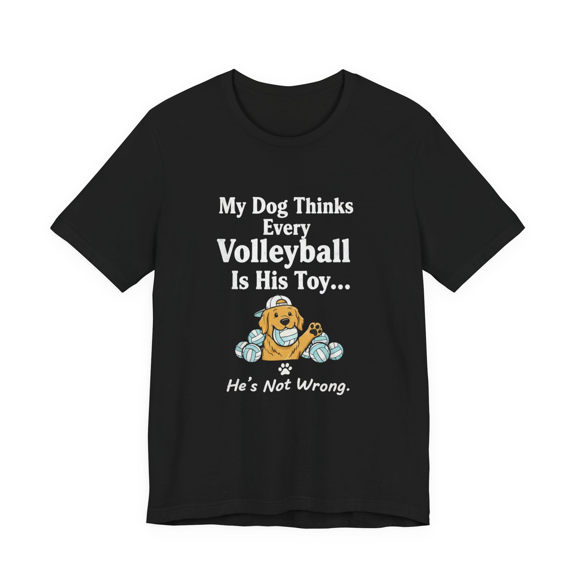 Yellow dog biting a volleyball graphic with slogan on shirt.
