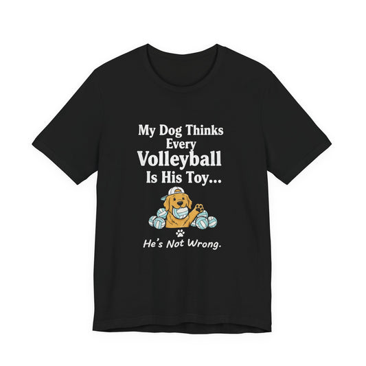 Yellow dog biting a volleyball graphic with slogan on shirt.