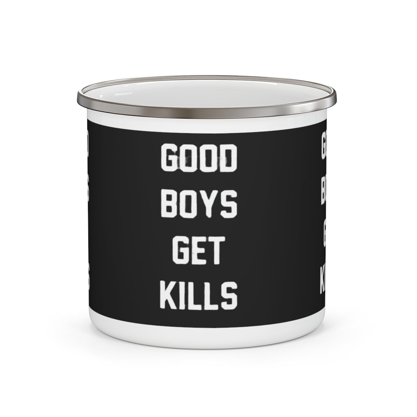 Funny volleyball enamel mug with “Good Boys Get Kills” design