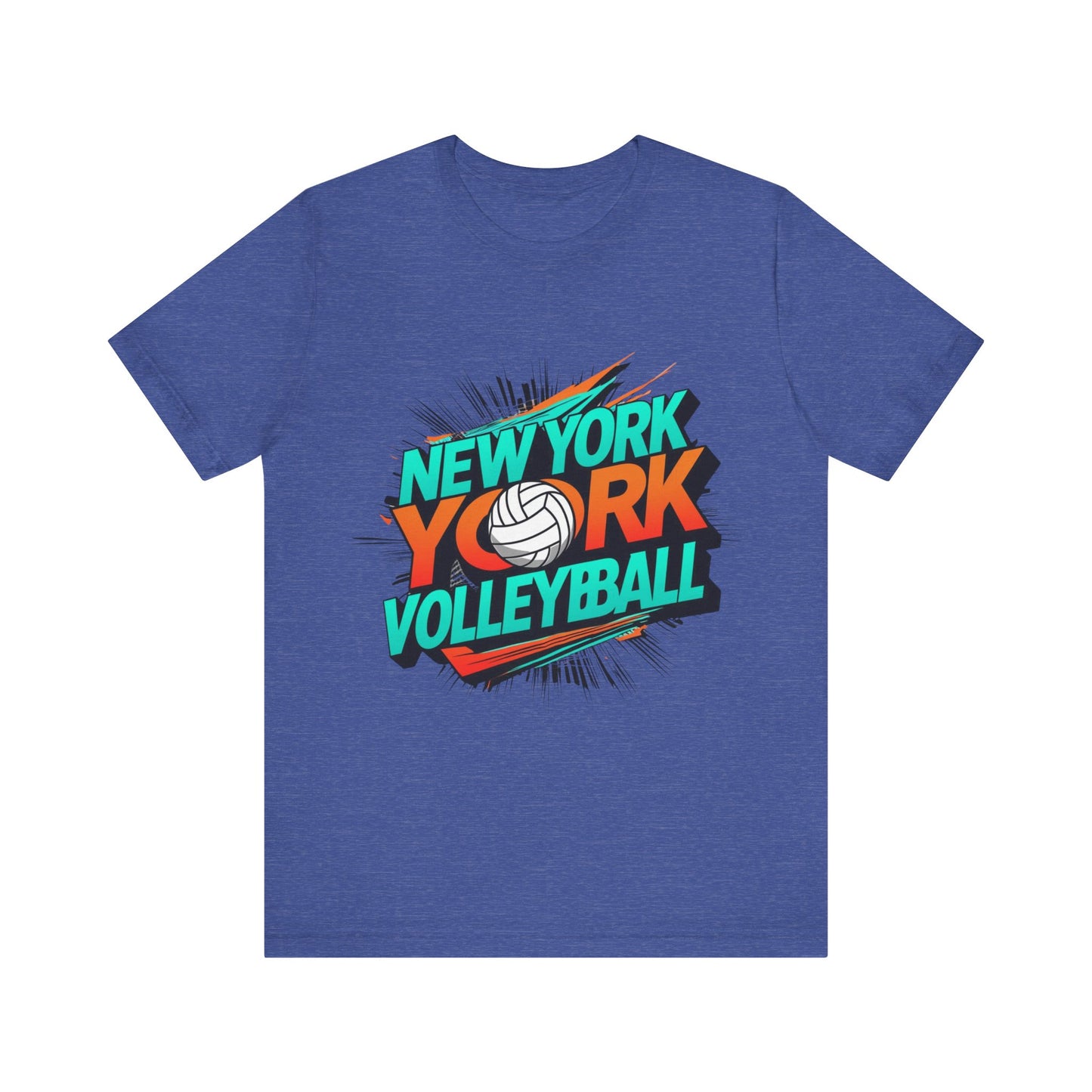 Bold New York Volleyball T-shirt with vibrant orange and teal lettering.