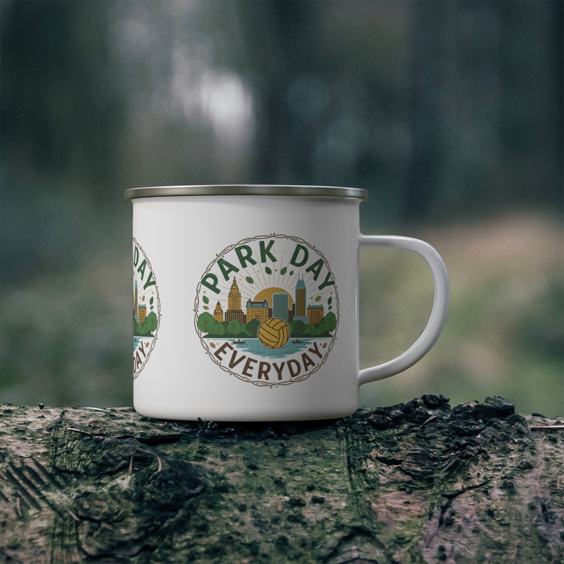 Outdoor graphic enamel mug with Park Day Everyday text