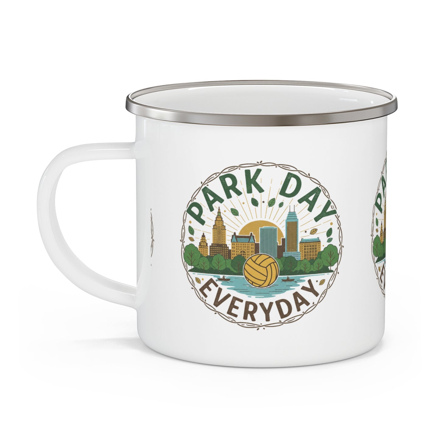 Minimalist park lifestyle graphic on enamel mug
