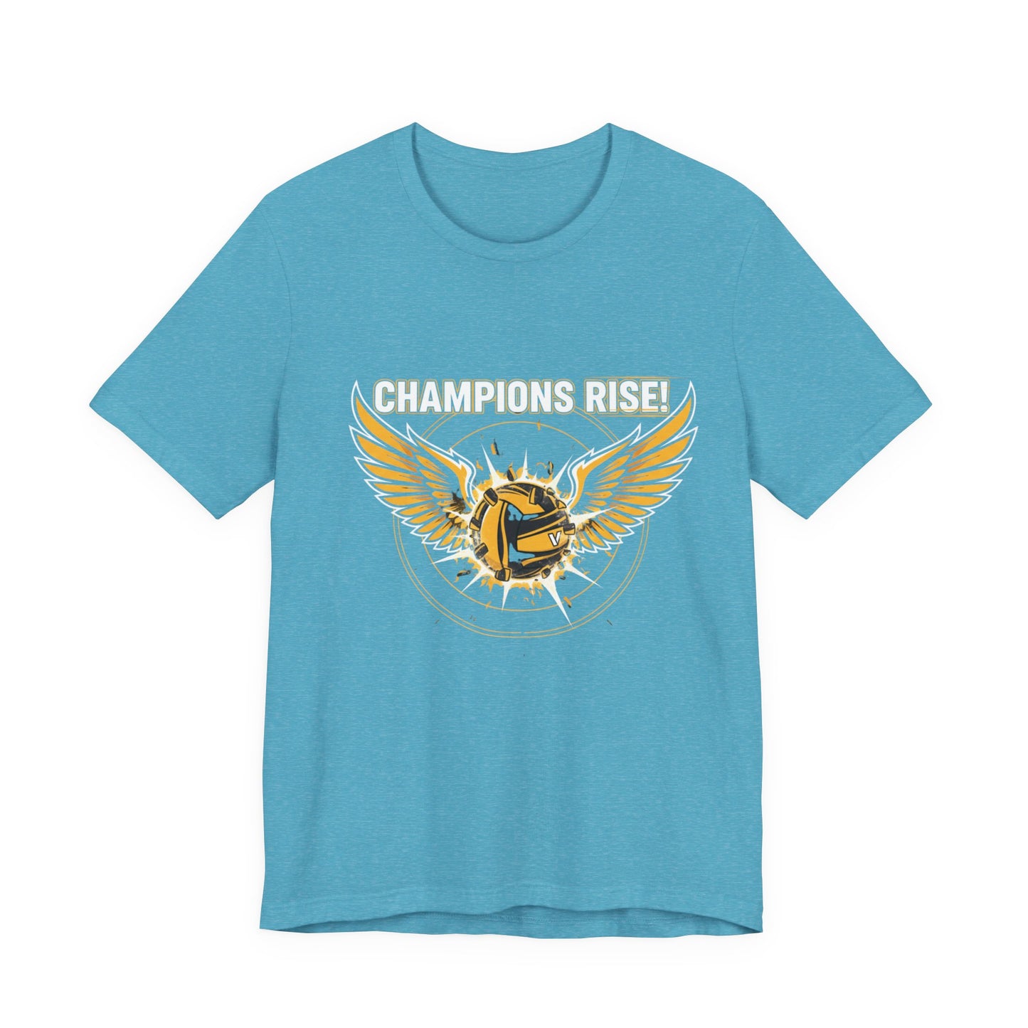 Minimalist athletic tee with Champions Rise slogan and volleyball