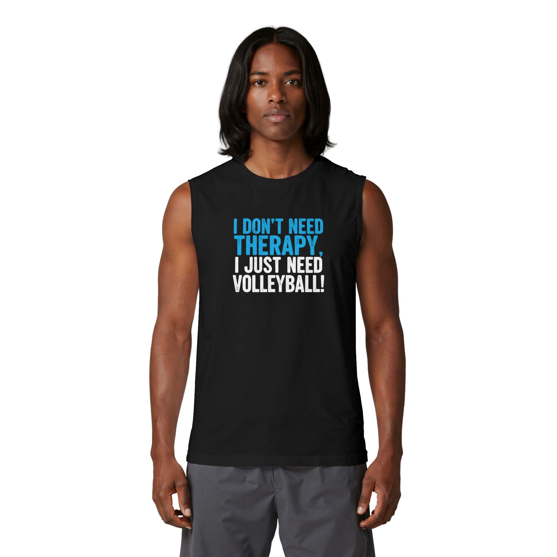 Bold blue and white volleyball phrase tank design