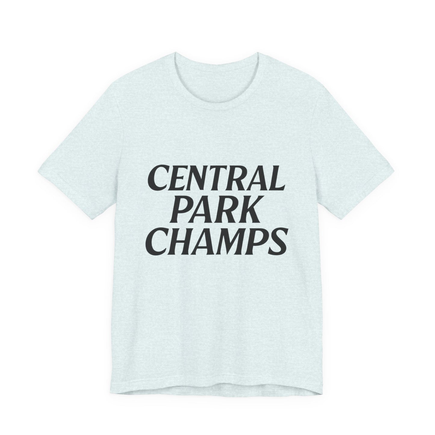 Front view of black t-shirt featuring Champs design.