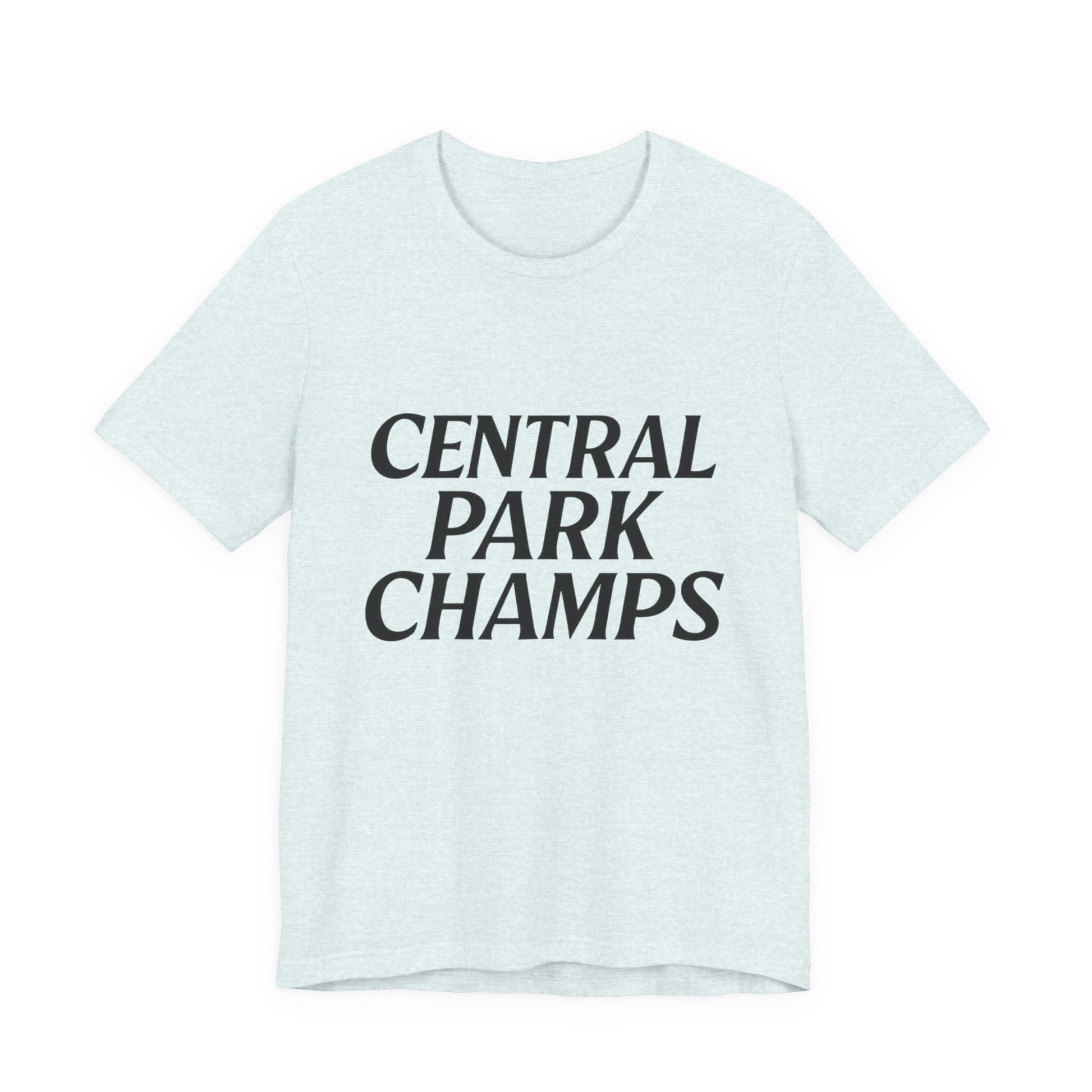 Front view of black t-shirt featuring Champs design.