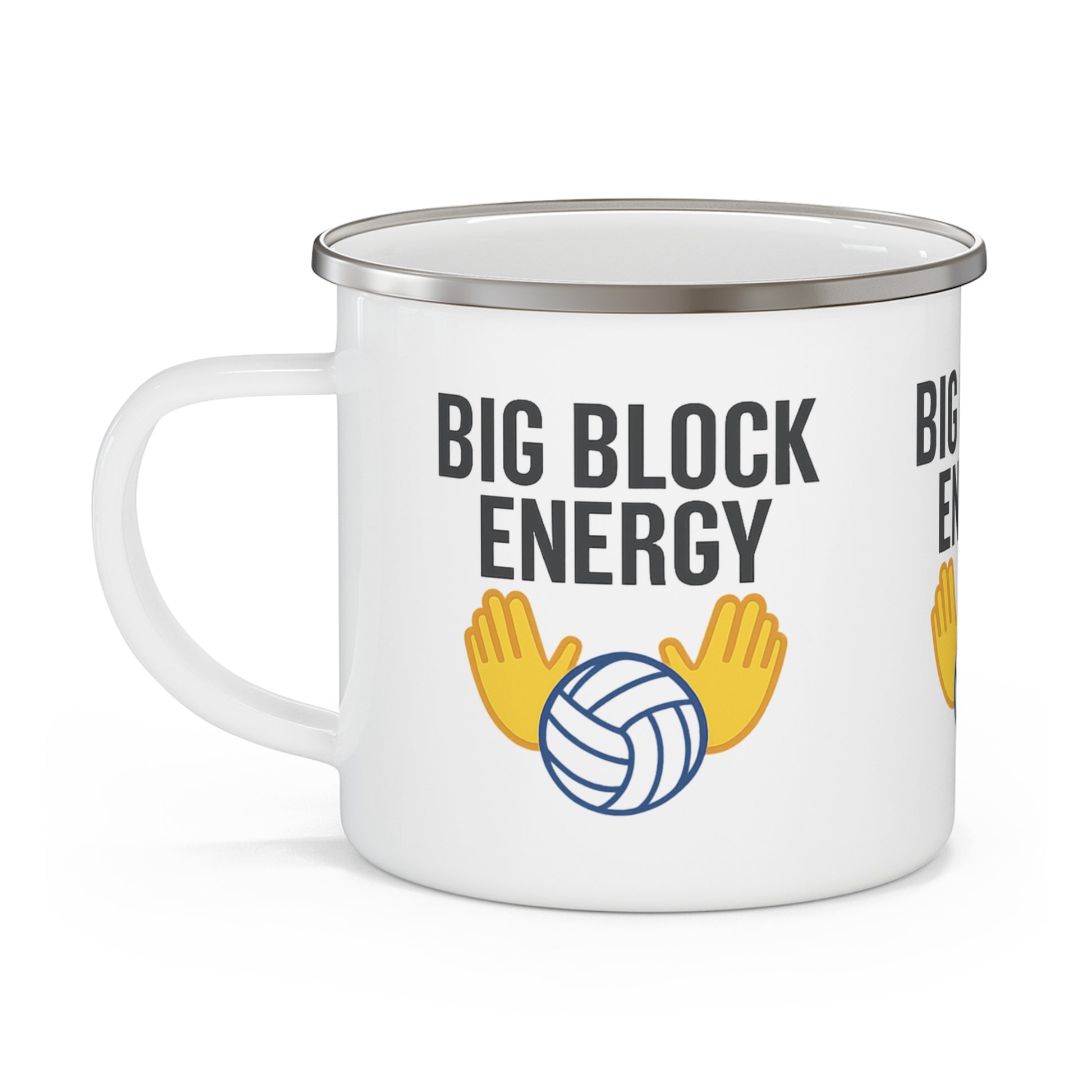 Outdoor enamel mug with bold volleyball block design