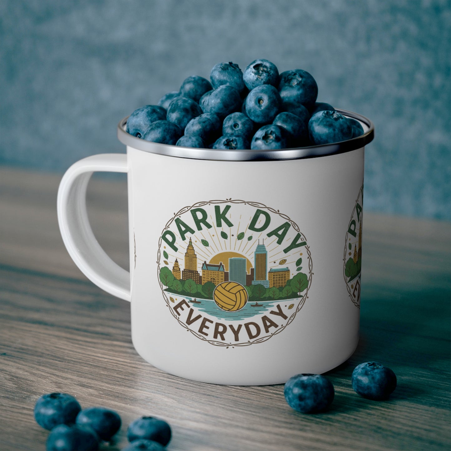 Park Day Everyday phrase printed on enamel cup