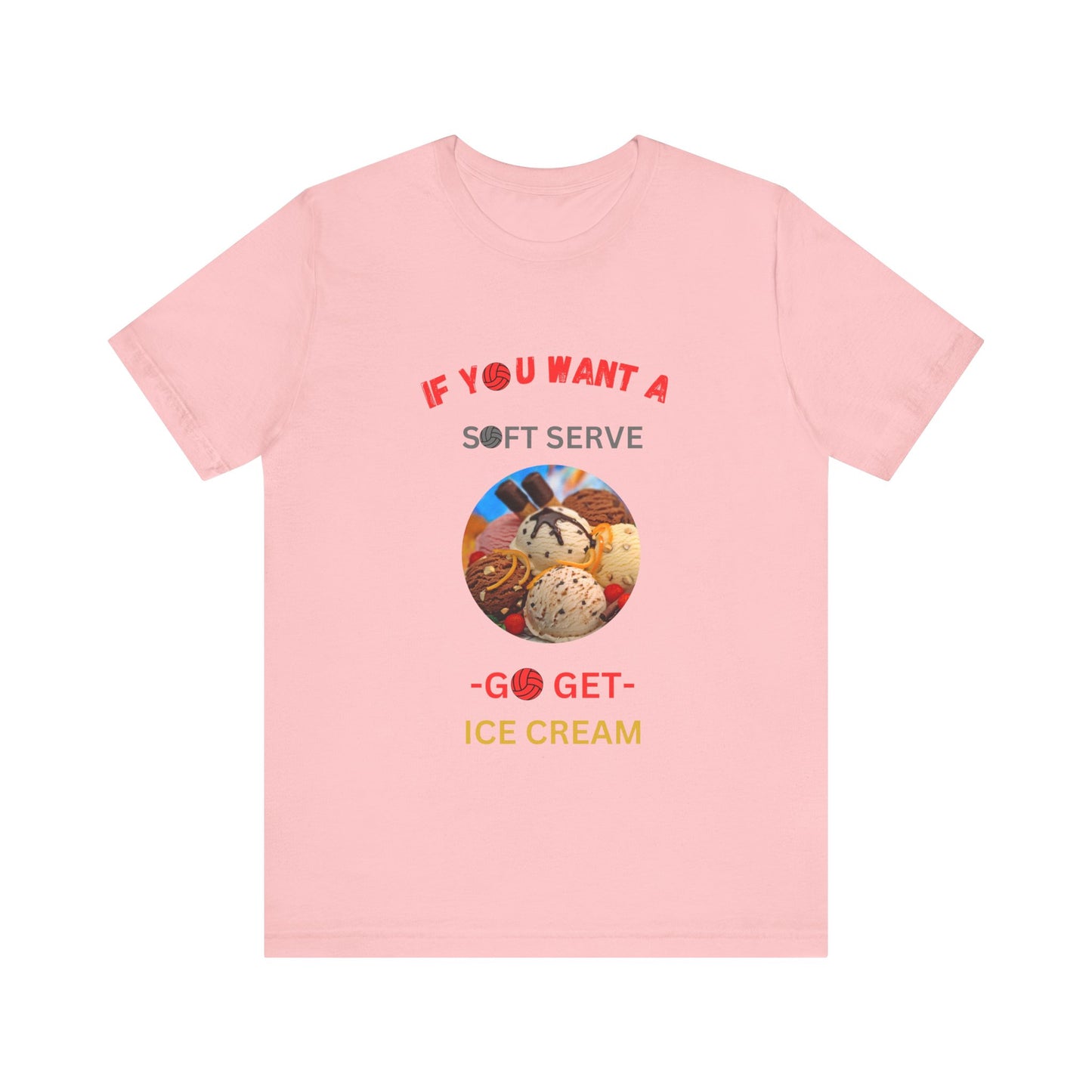 Unisex volleyball graphic tee featuring red and yellow text with ice cream theme