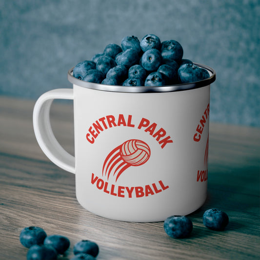 Central Park Volleyball Fire Enamel Camping Mug on picnic table