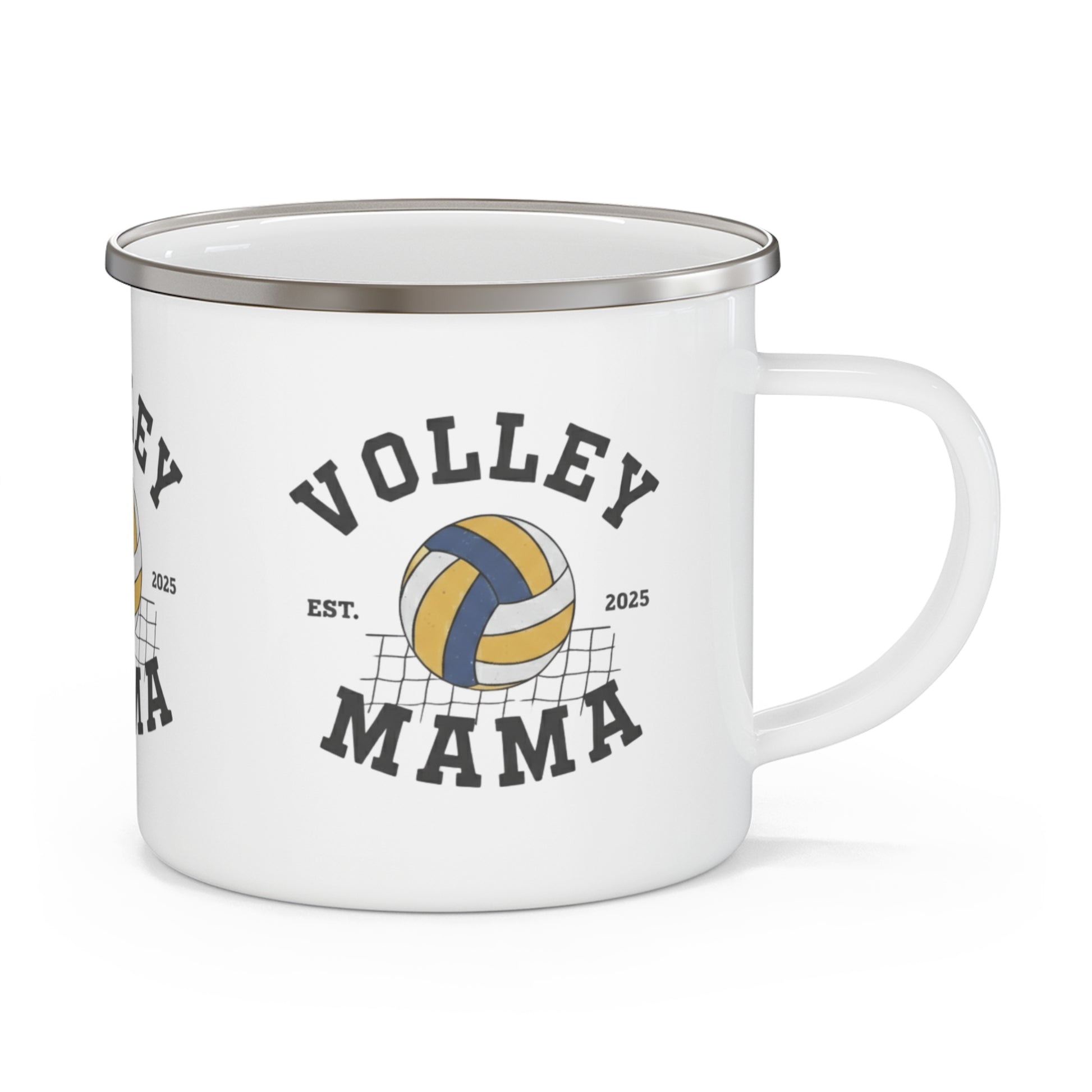 White enamel camping mug with Volley Mama logo
