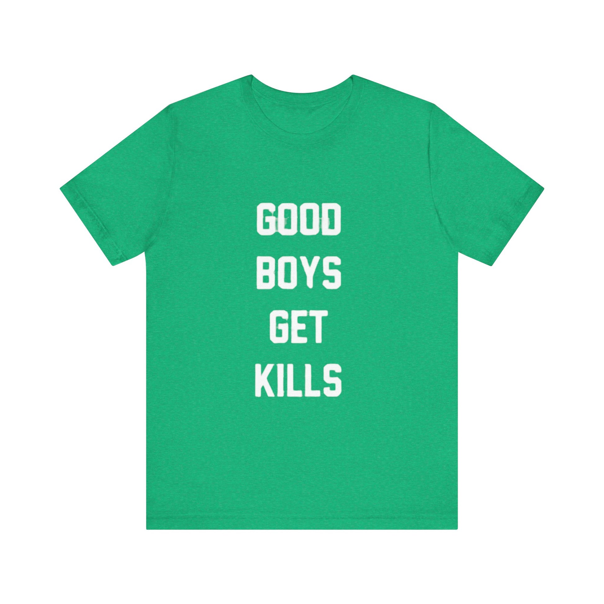 Close-up of “Good Boys Get Kills” text on shirt