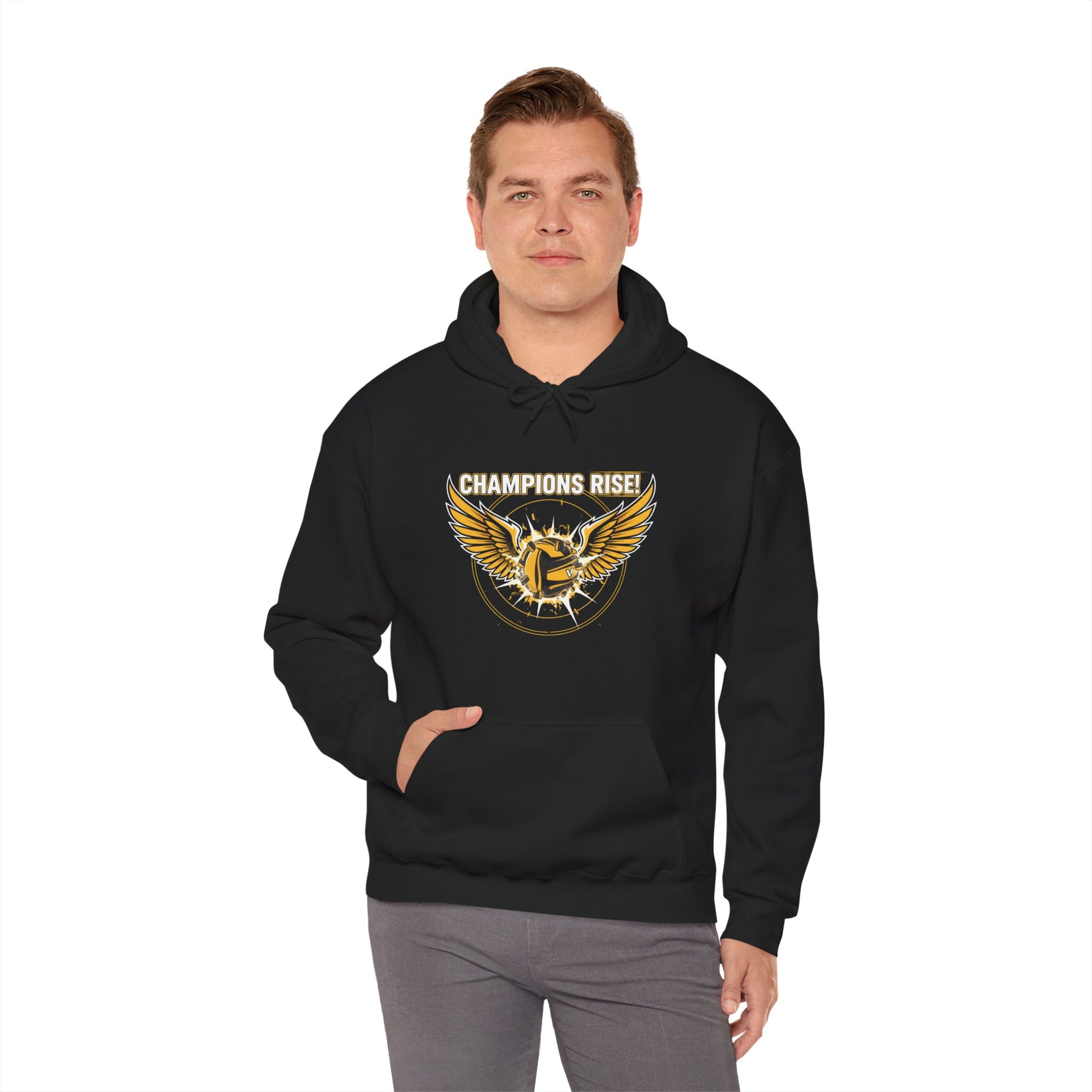 Bold front graphic of winged volleyball and slogan on hoodie