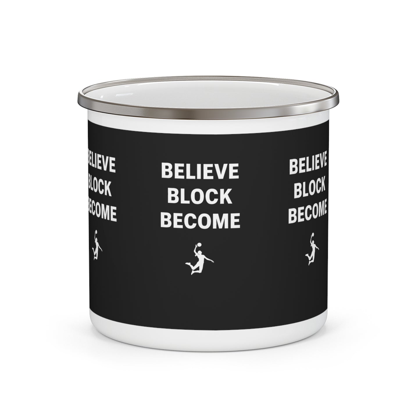 Believe Block Become bold stacked text printed on enamel mug