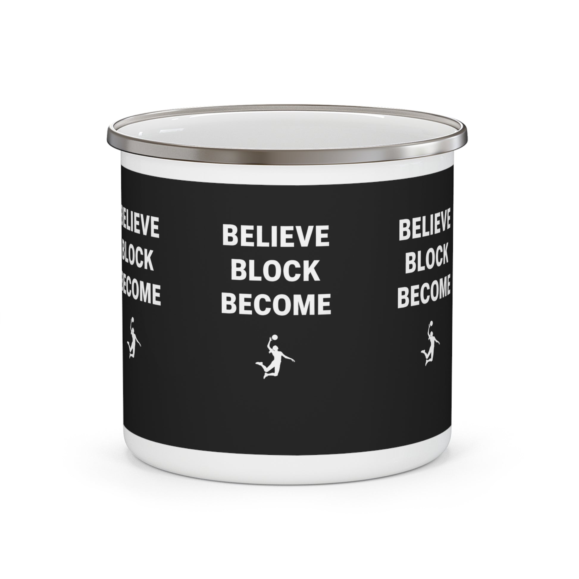 Believe Block Become bold stacked text printed on enamel mug
