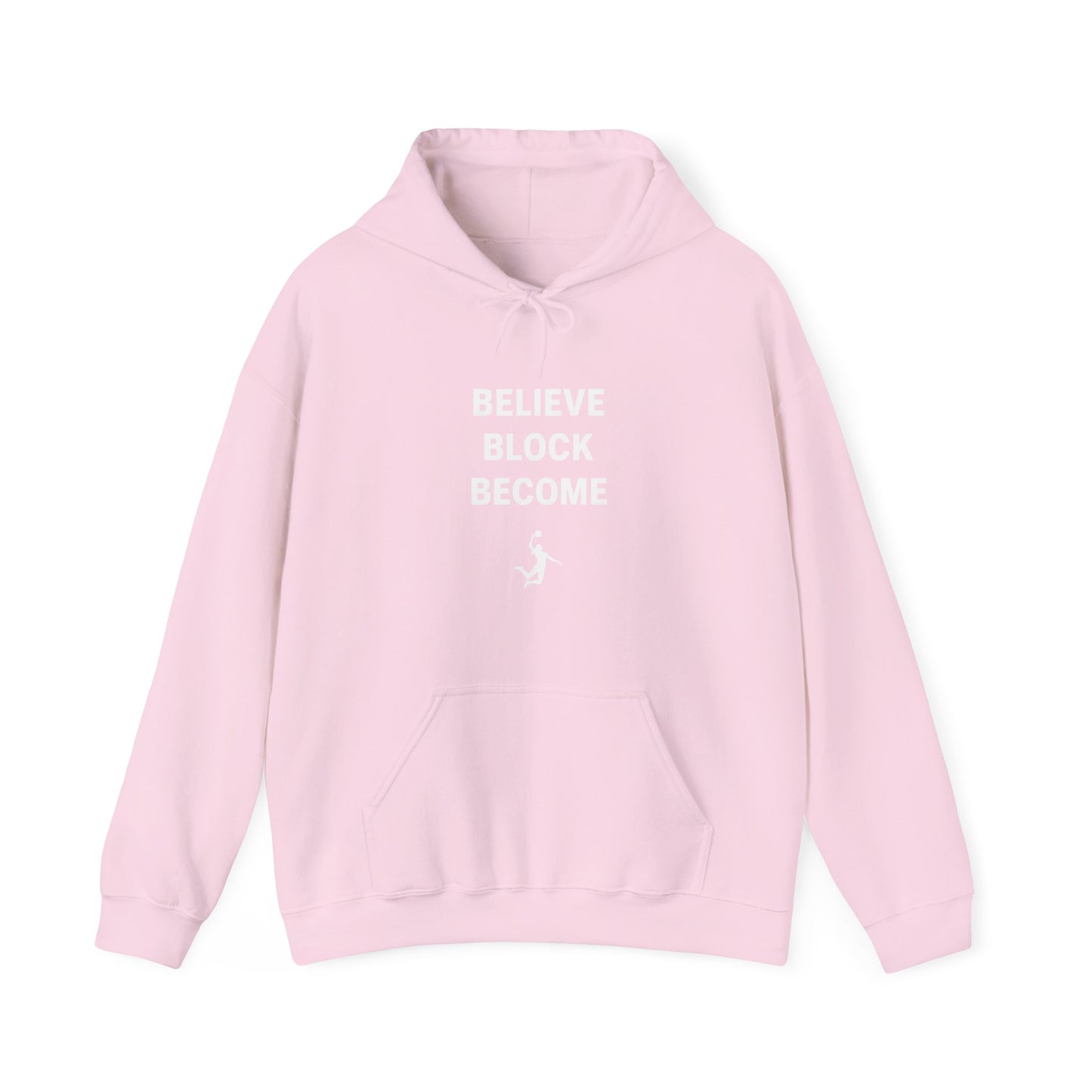BELIEVE BLOCK BECOME bold typography centered on hoodie