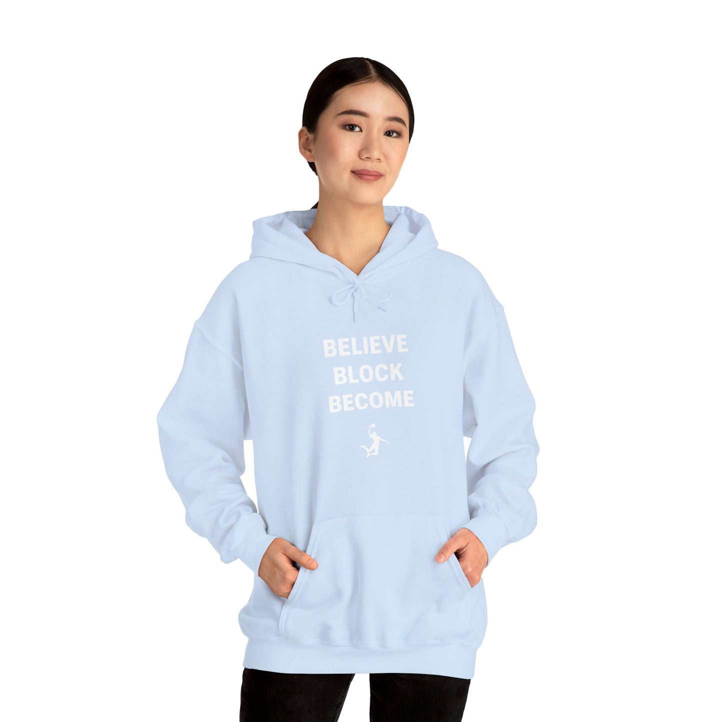 Bold stacked lettering volleyball graphic on cozy hoodie