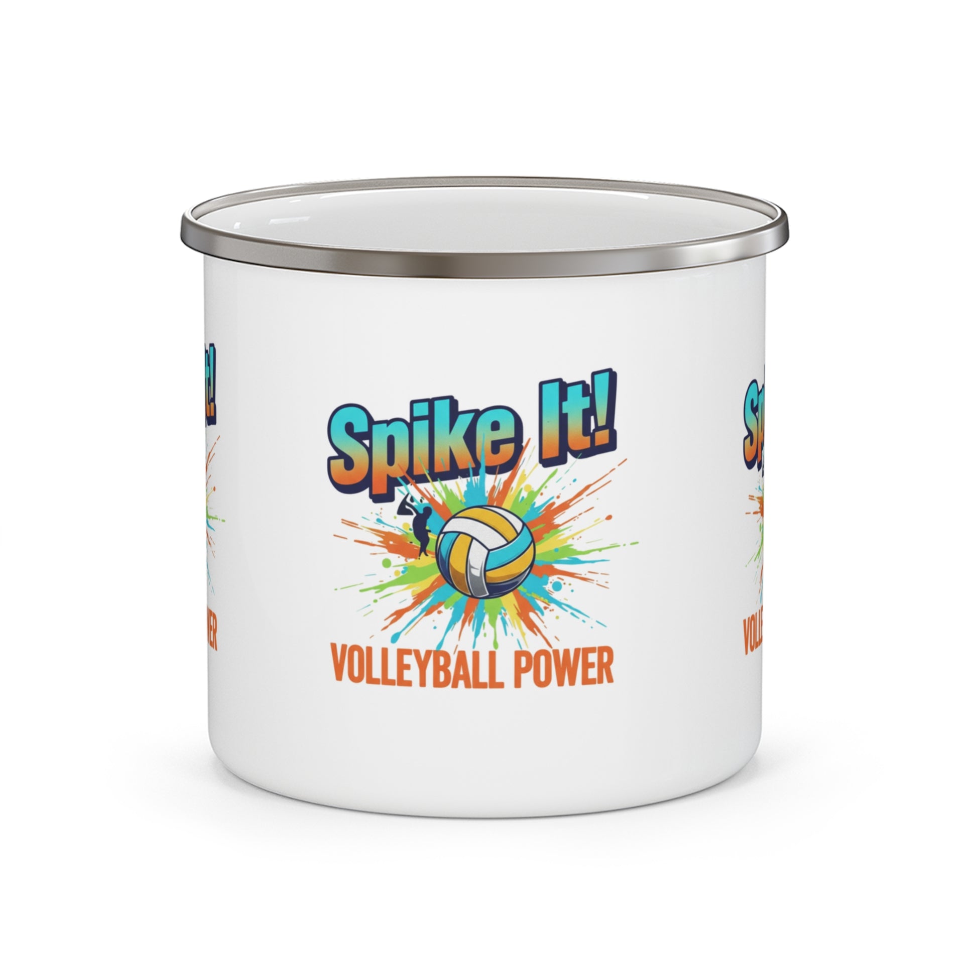 Spike It Volleyball Power enamel mug with colorful volleyball splash design