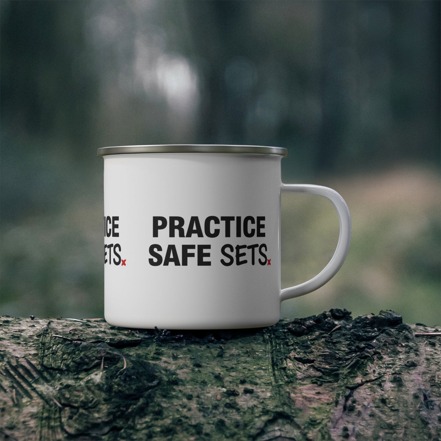 Bold Practice Safe Sets text design on white camp mug