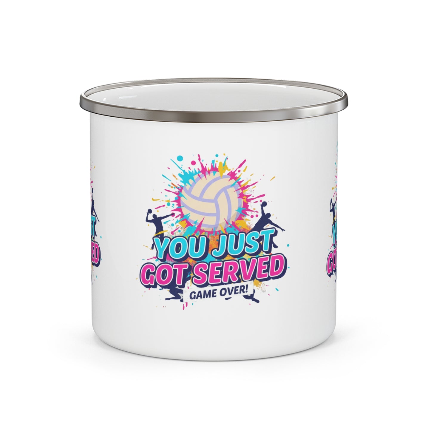 You Just Got Served Game Over volleyball enamel mug on table