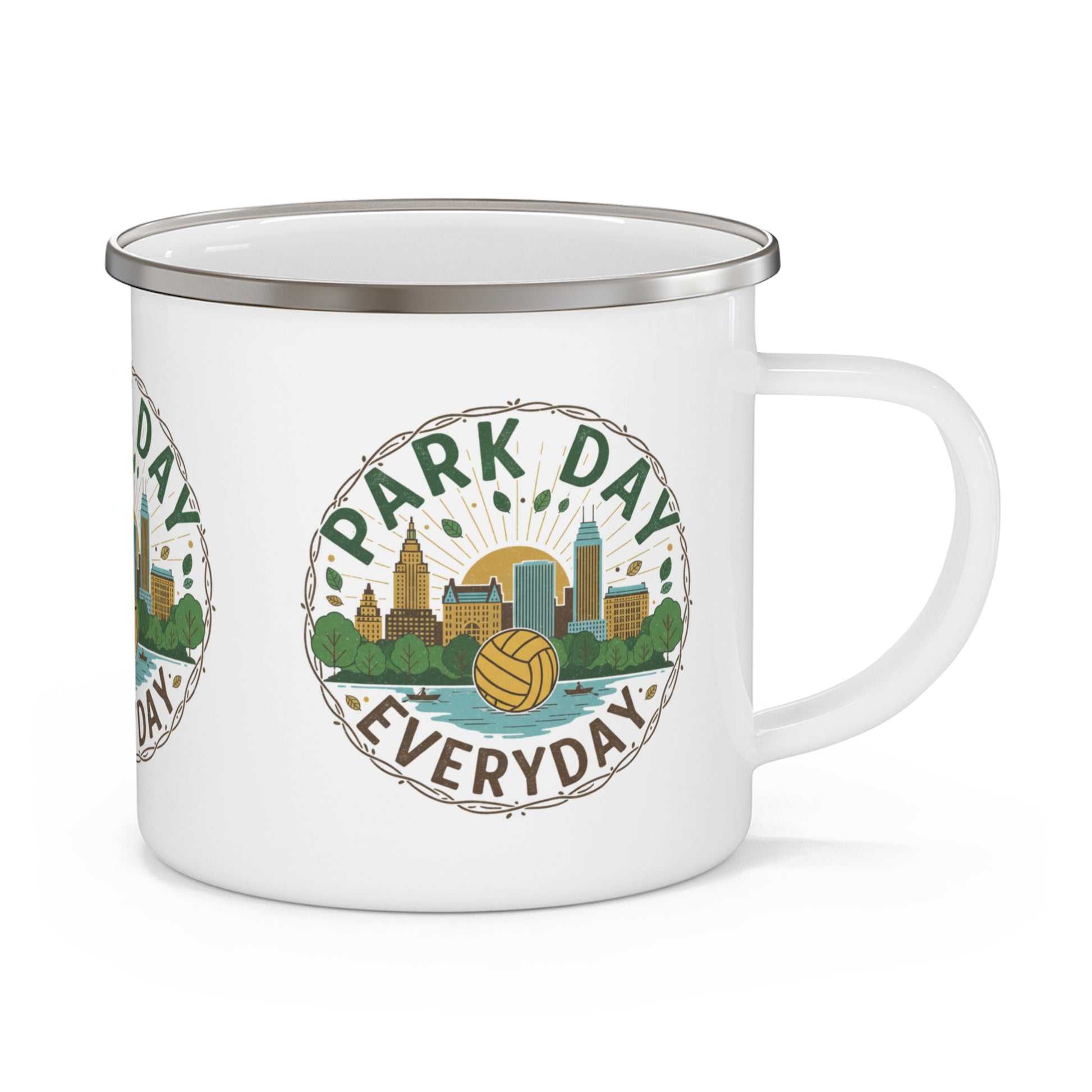 White enamel camping mug featuring park-themed design