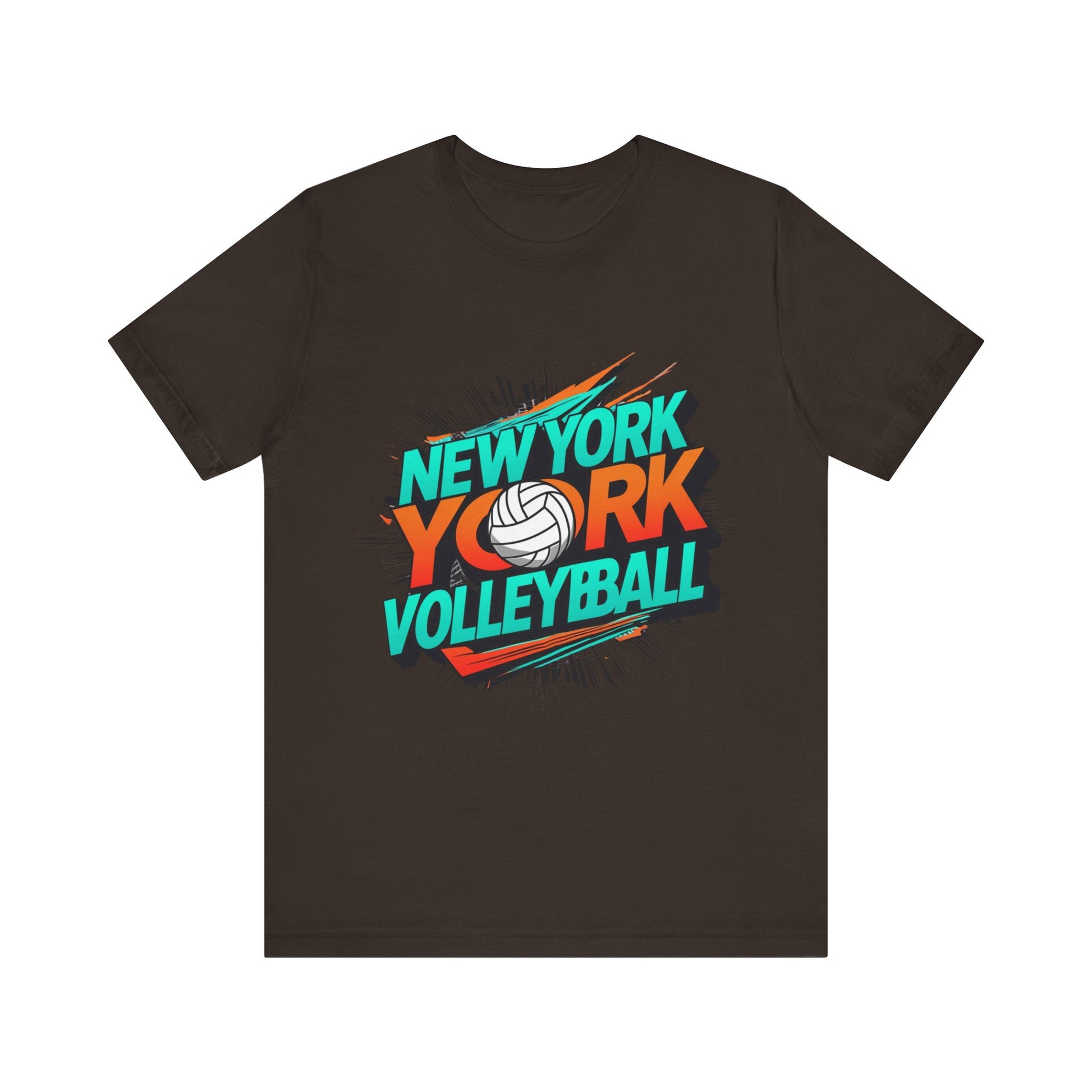 Volleyball player shirt featuring spiking logo and city colors