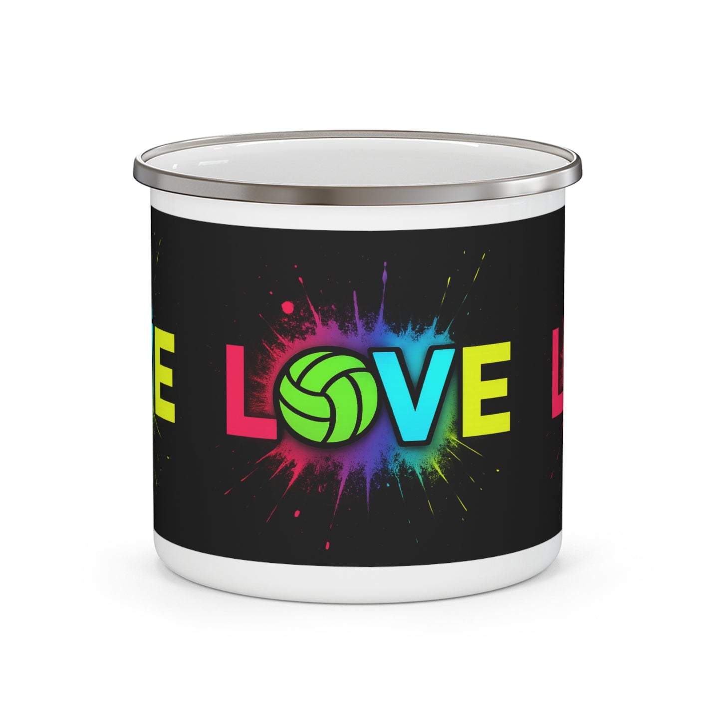 Love Volleyball Neon Enamel Mug with bold neon volleyball design
