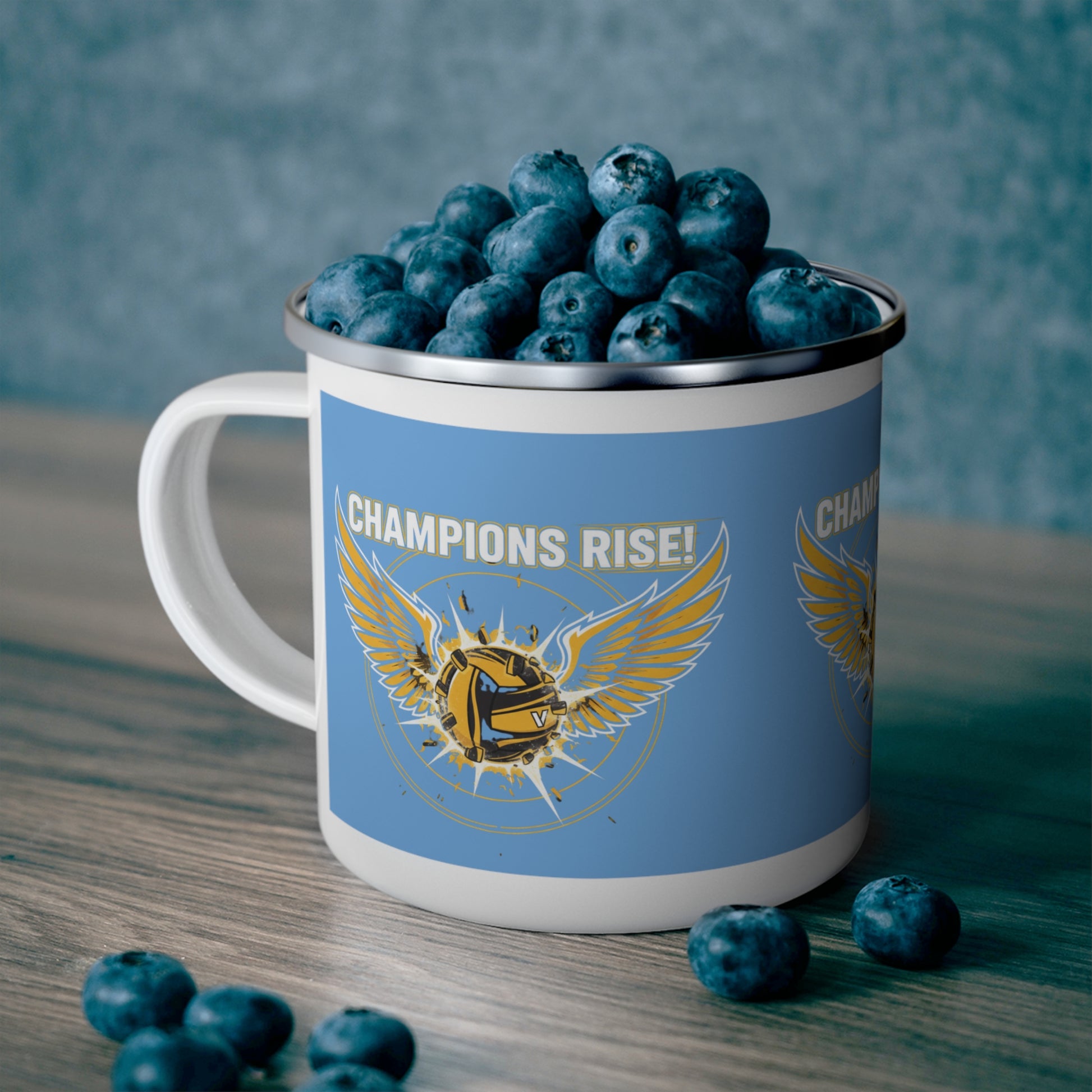 Enamel camp mug with winged volleyball illustration