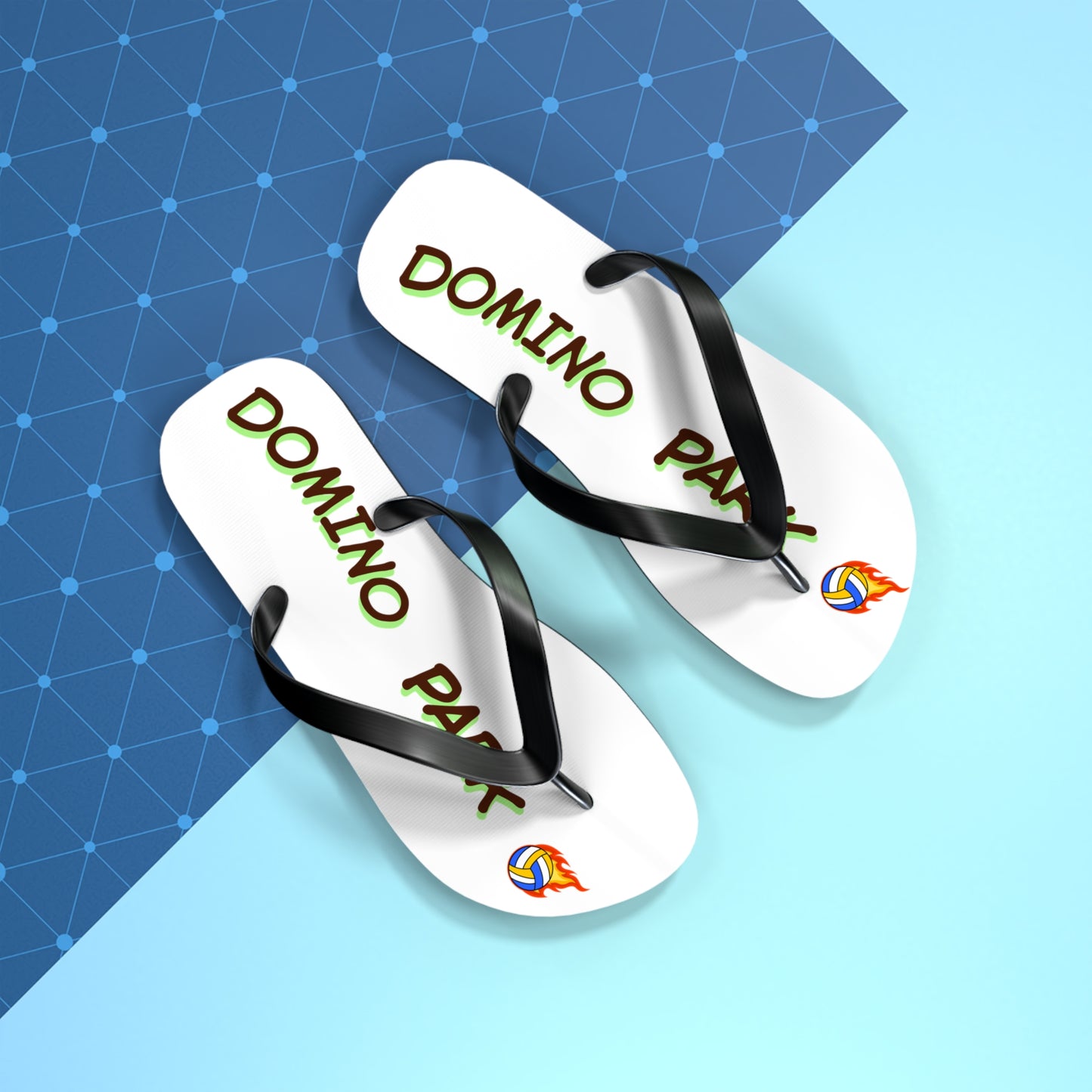 Casual flip flops featuring Domino Park Volleyball lettering