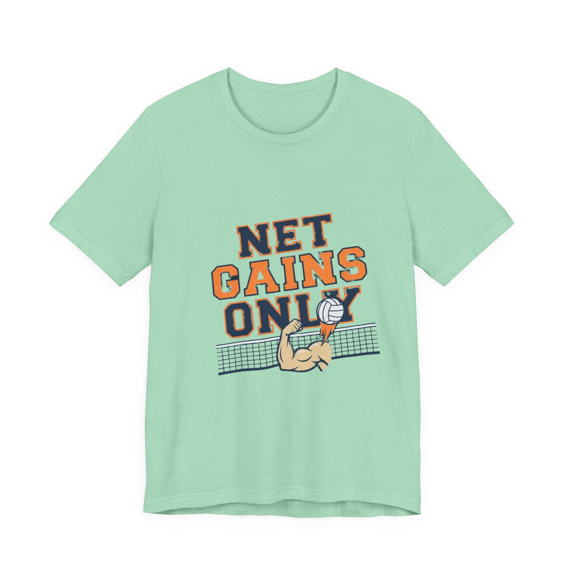 Front design of Net Gains Only printed on volleyball tee