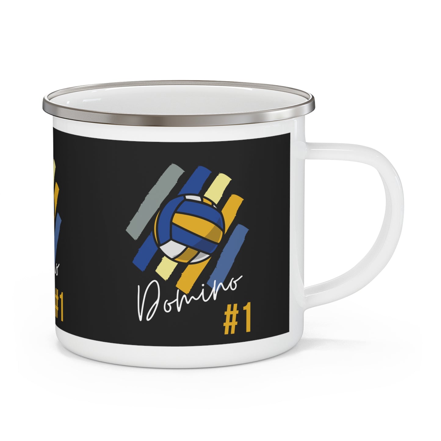Volleyball enamel mug on table with colorful #1 design