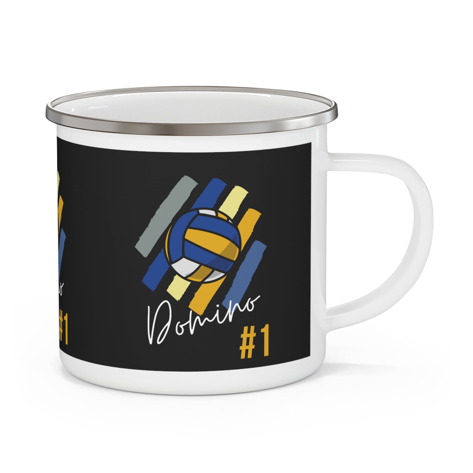 Volleyball enamel mug on table with colorful #1 design