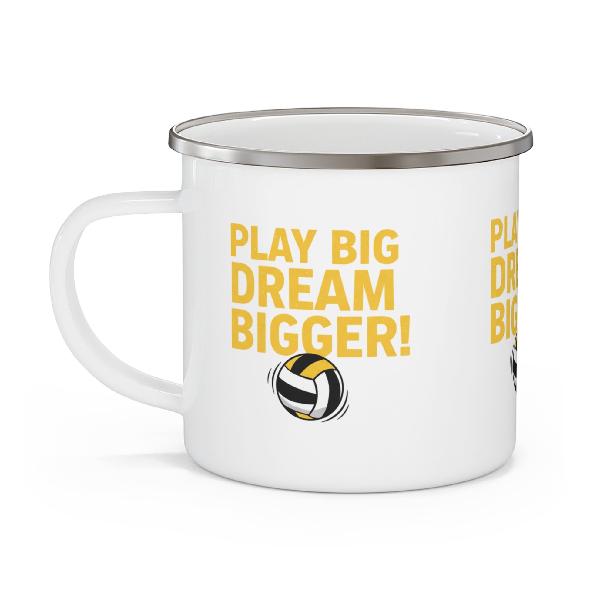 High-contrast volleyball slogan artwork on enamel drinkware