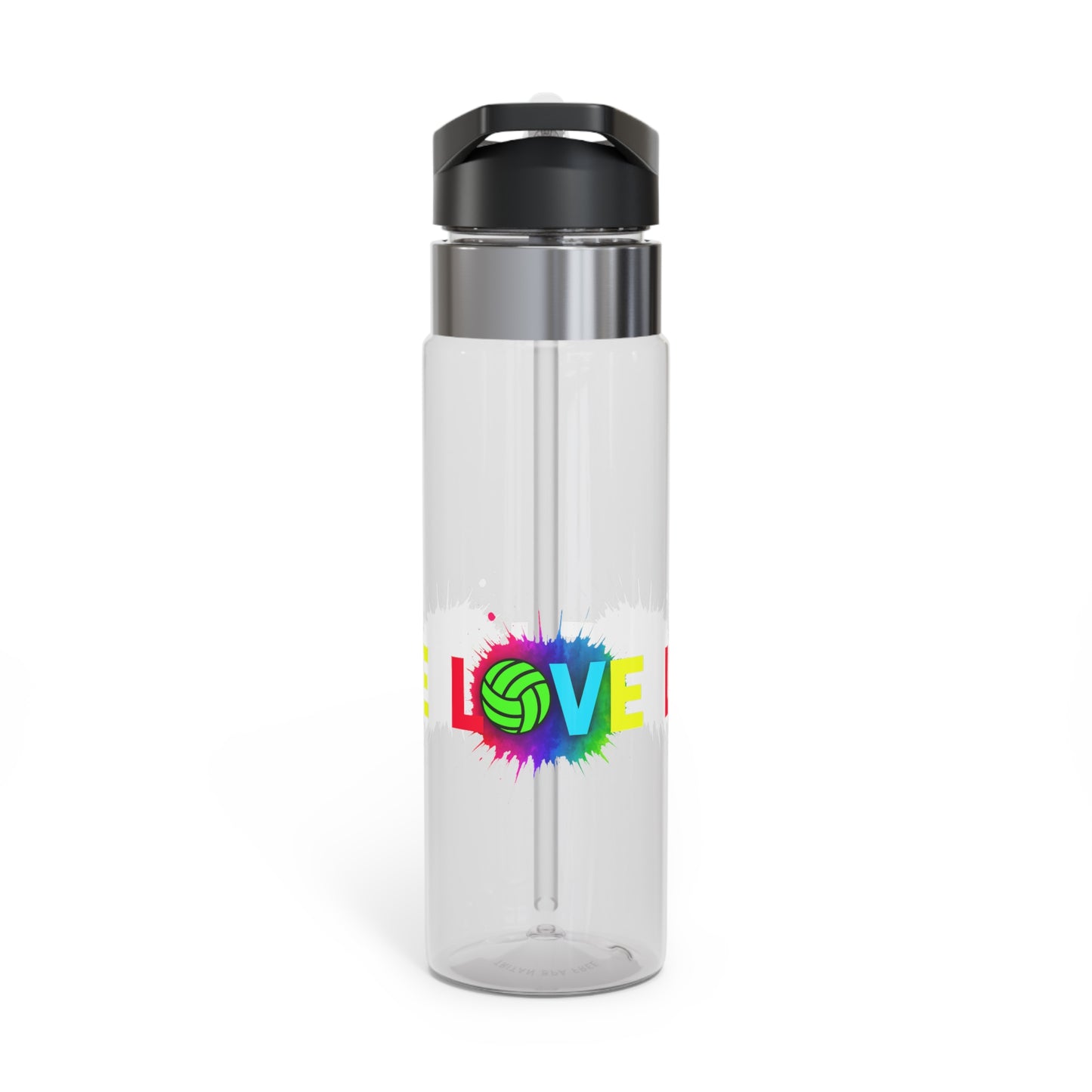 Neon style Love Volleyball typography on clear bottle