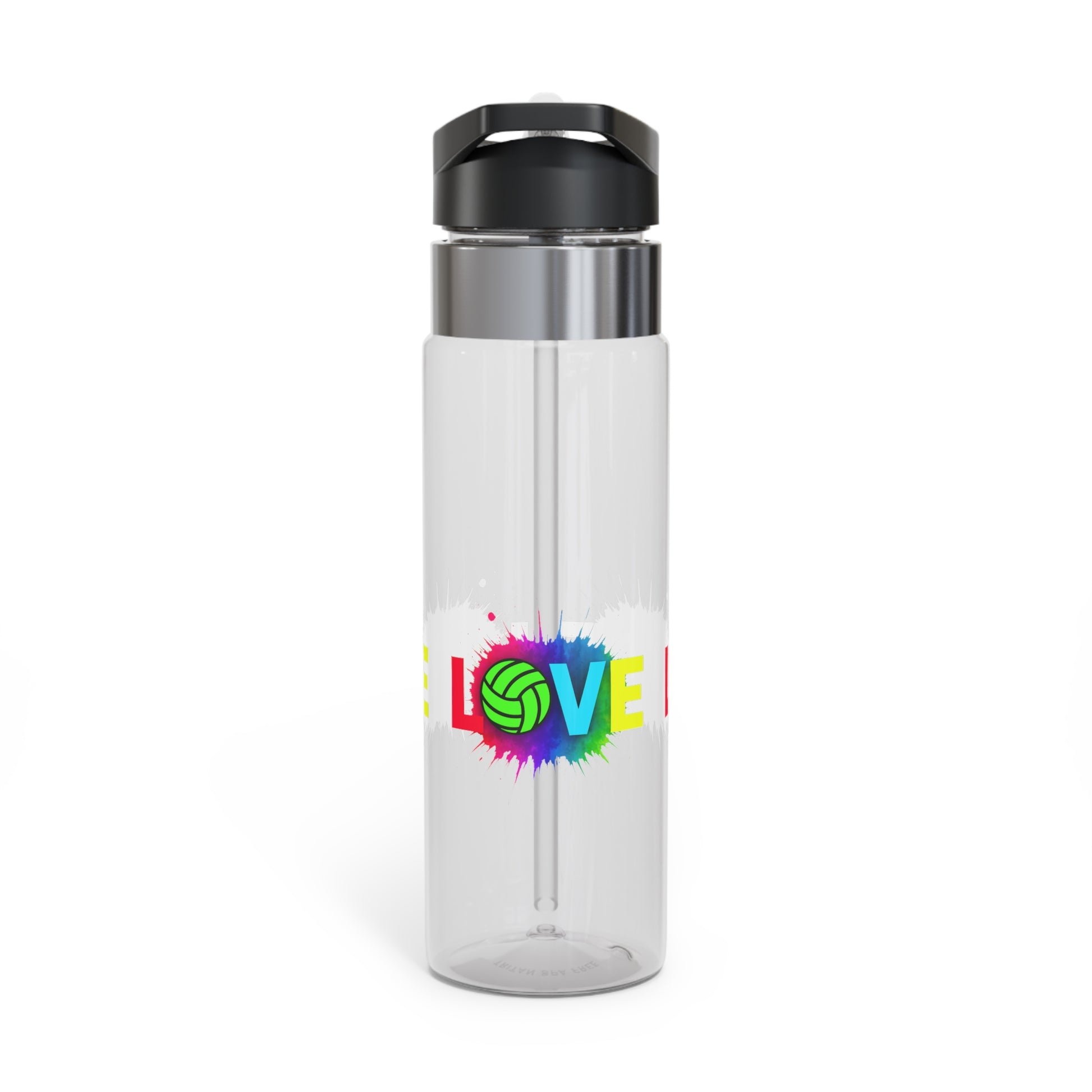 Neon style Love Volleyball typography on clear bottle