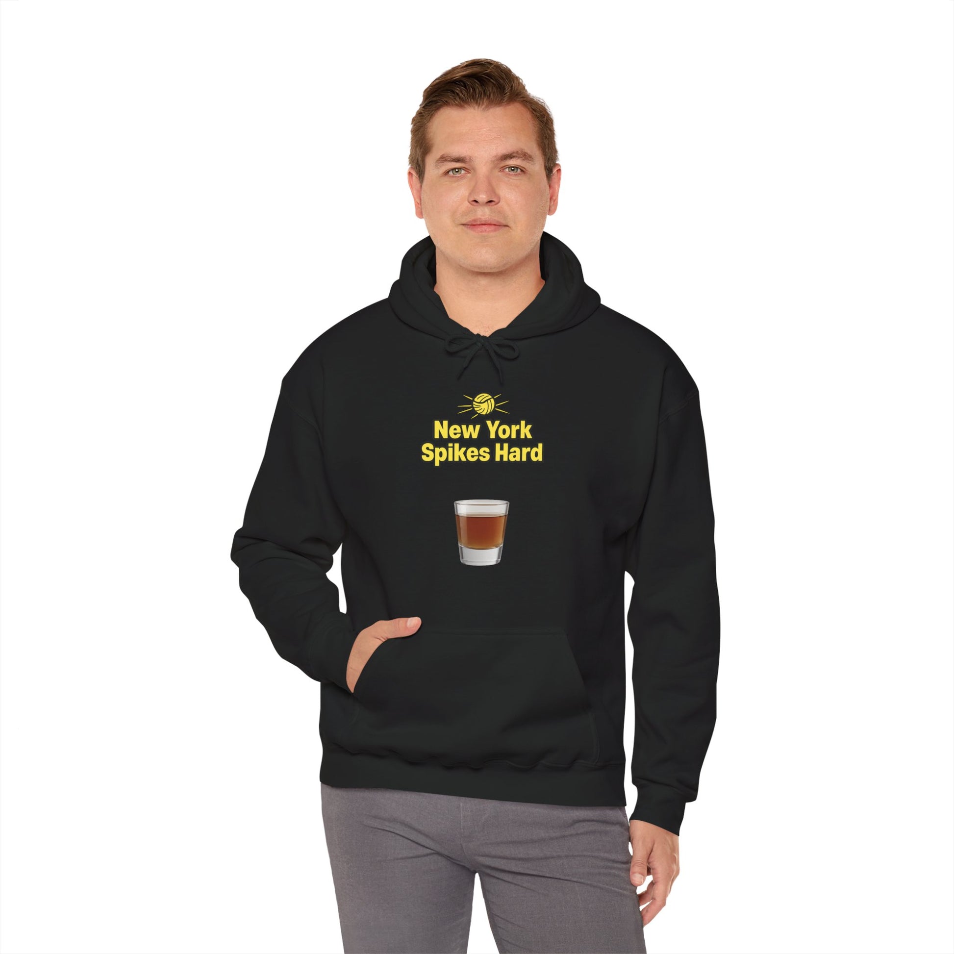 Front view of hoodie showing kangaroo pocket and bold graphic.