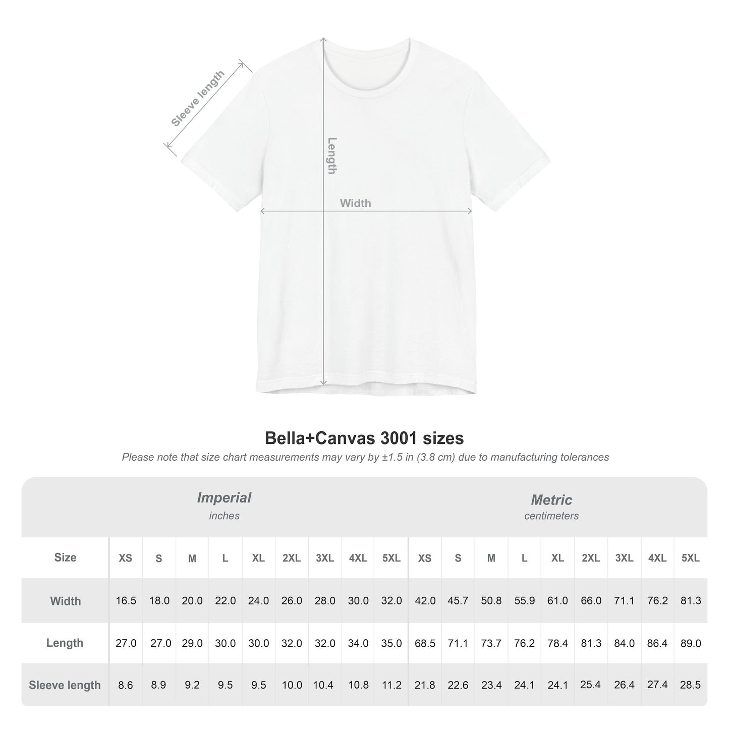 Unisex t-shirt size chart with chest, length, and sleeve measurements in inches and centimeters.