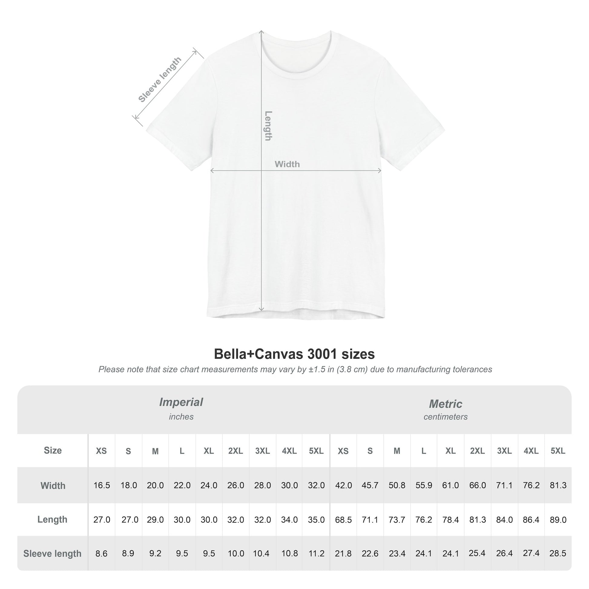Unisex t-shirt size chart with chest, length, and sleeve measurements in inches and centimeters.