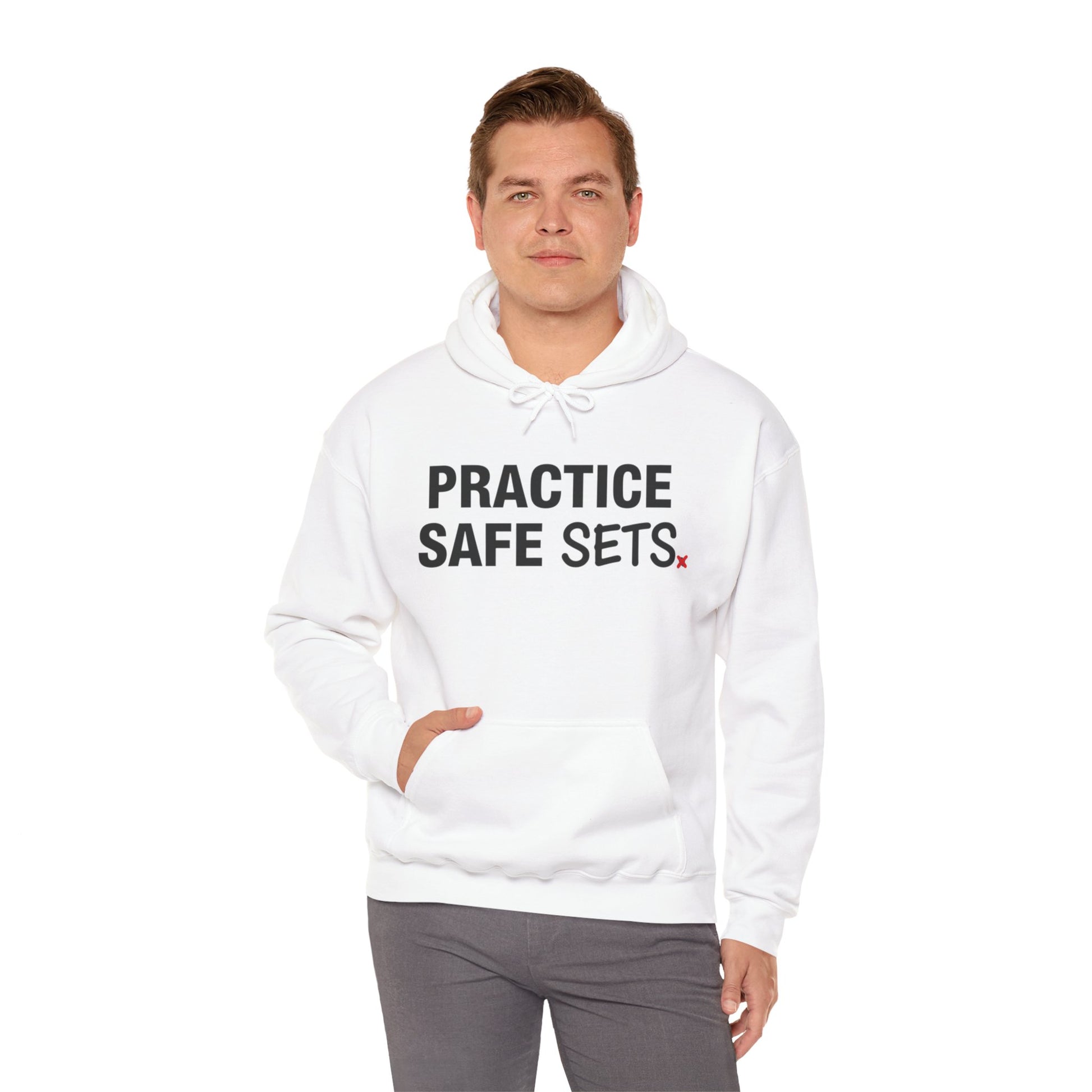 Front-center Practice Safe Sets volleyball humor print