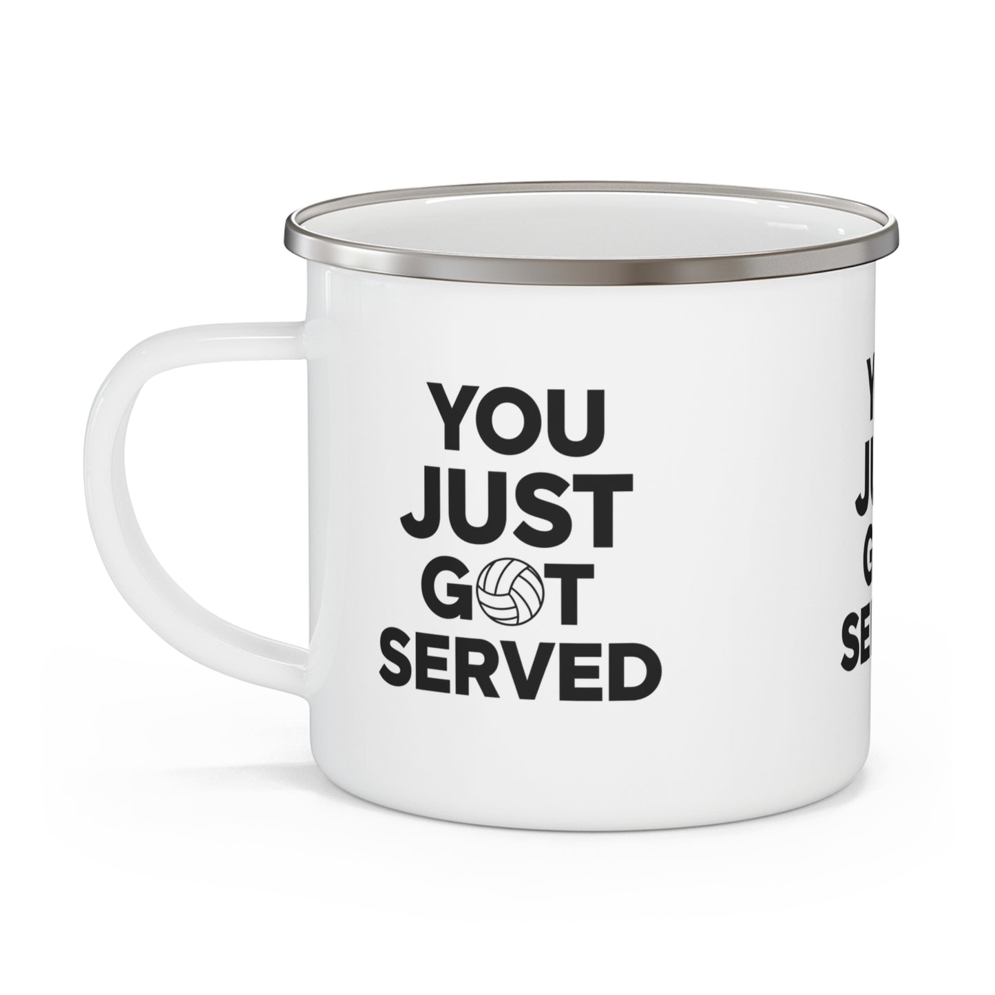 Enamel mug beside volleyball gear and sunglasses.